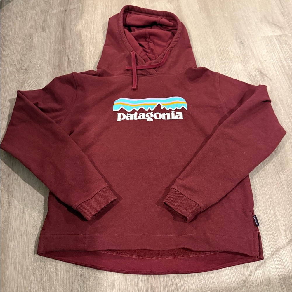 Patagonia Maroon Pullover Hoodie with Multicolor Logo